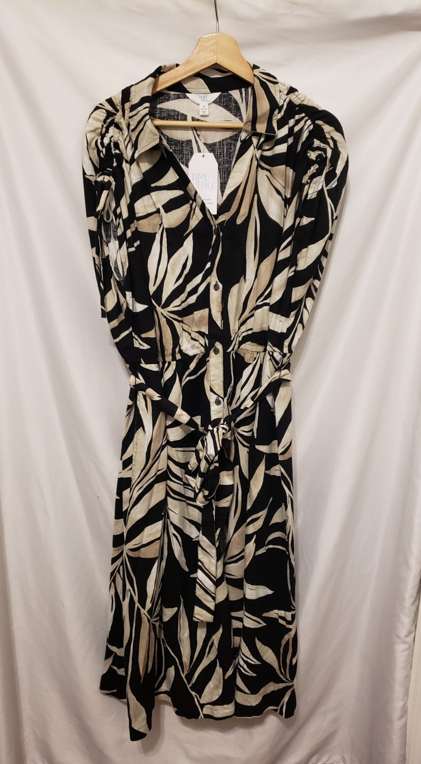 Time & Tru Shirt Dress 1X 16W-18W Black Soot Waist Tie V-Neck Button Linen Sheer