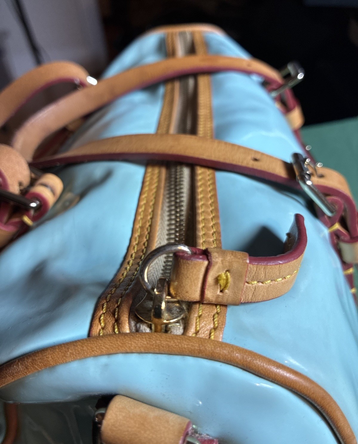 Dooney & Bourke Y2K Light Blue Patent Leather Satchel Bag Red Trim Crossbody
