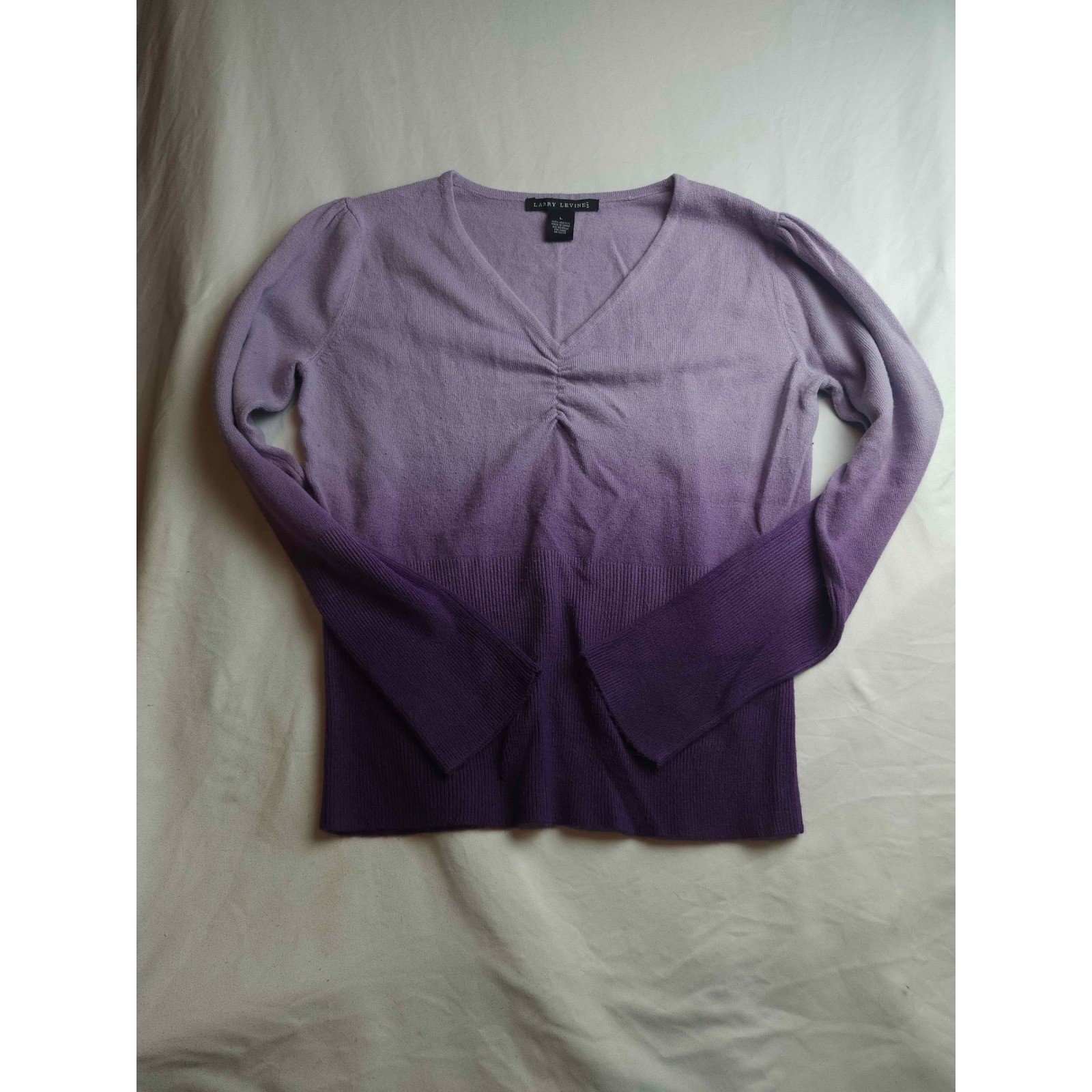 Larry Levine Purple Ombre V-Neck Sweater Long Sleeve Knit Top Size L Womens