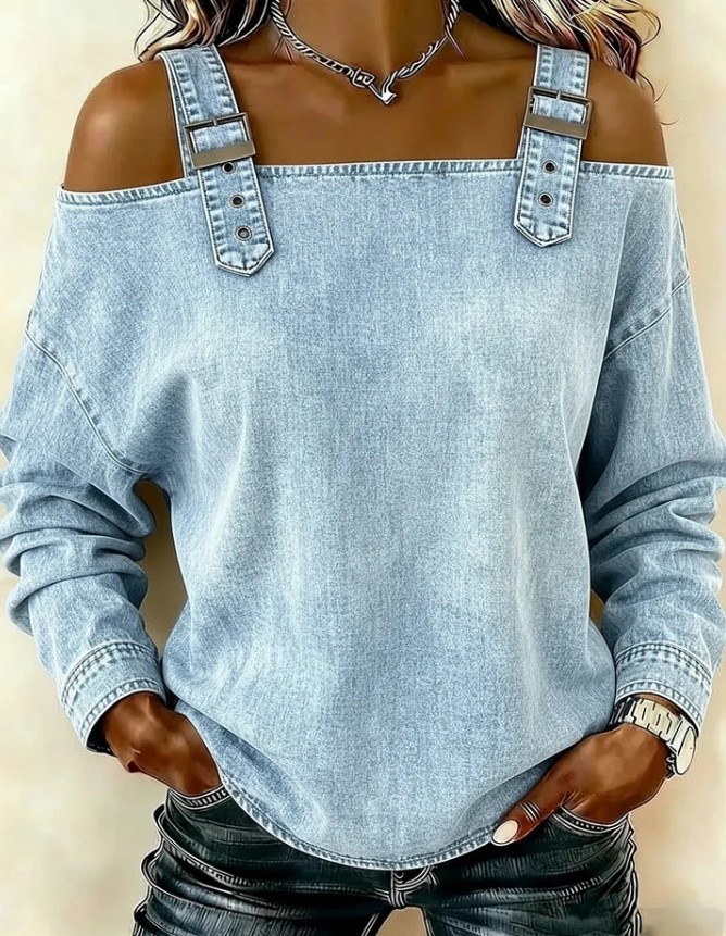 Women Off Shoulder Long Sleeve Top Adjustable Strap Loose Denim Casual Blouse