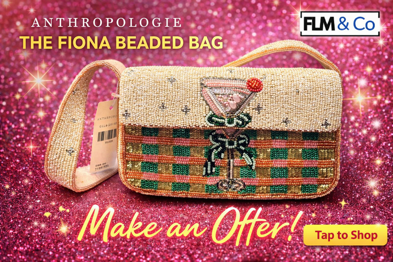 Anthropologie Fiona Beaded Bag Martini Cocktail Food Drink Edition Shoulder Bag