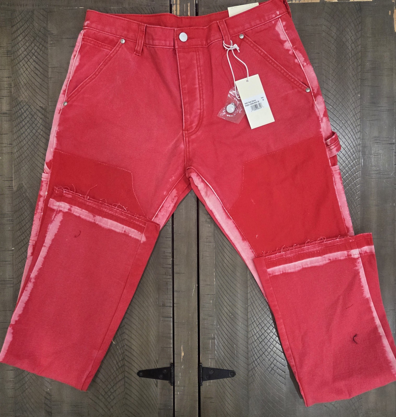 MNML NEW! Bright Red Button Fly Flared Leg Carpenter Jeans Sz 32