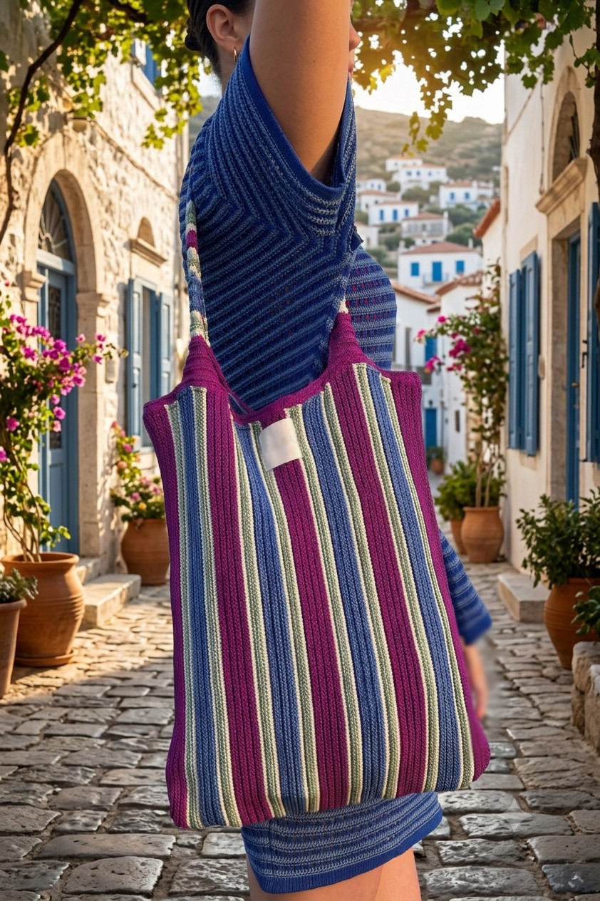 Colorful Striped Knit Tote Bag Boho Beach Shoulder Bag Large Cotton Shopper