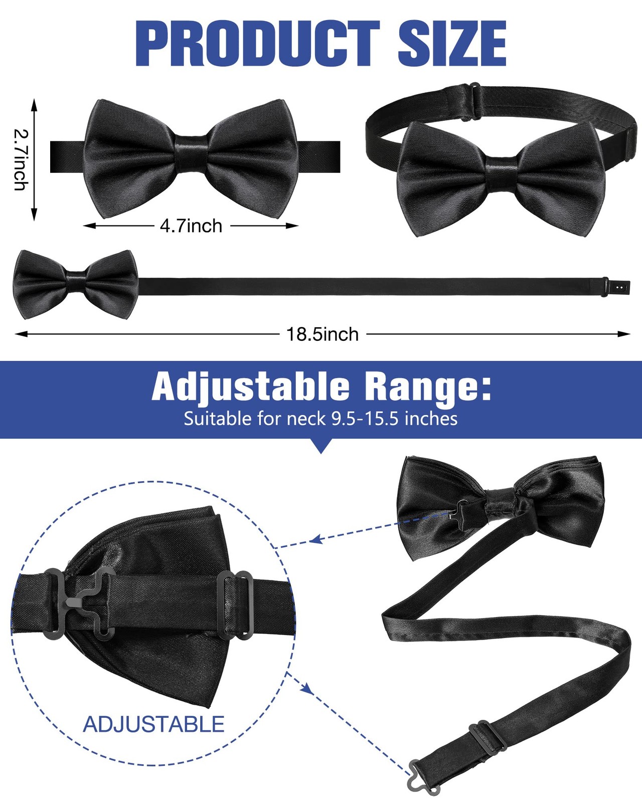 Hercicy 20 Pieces Bow Ties for Men, Formal Satin Solid Tuxedo Adjustable Leng…