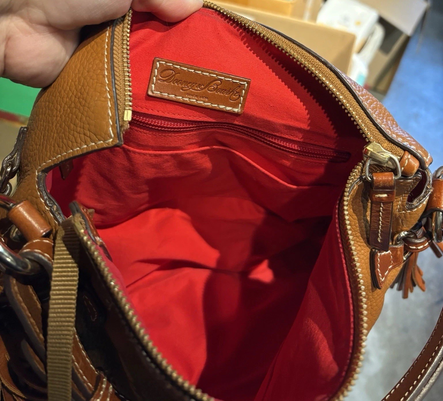 Dooney Bourke Caramel Brown Hobo Zip Shoulder Bag Pebbled Leather