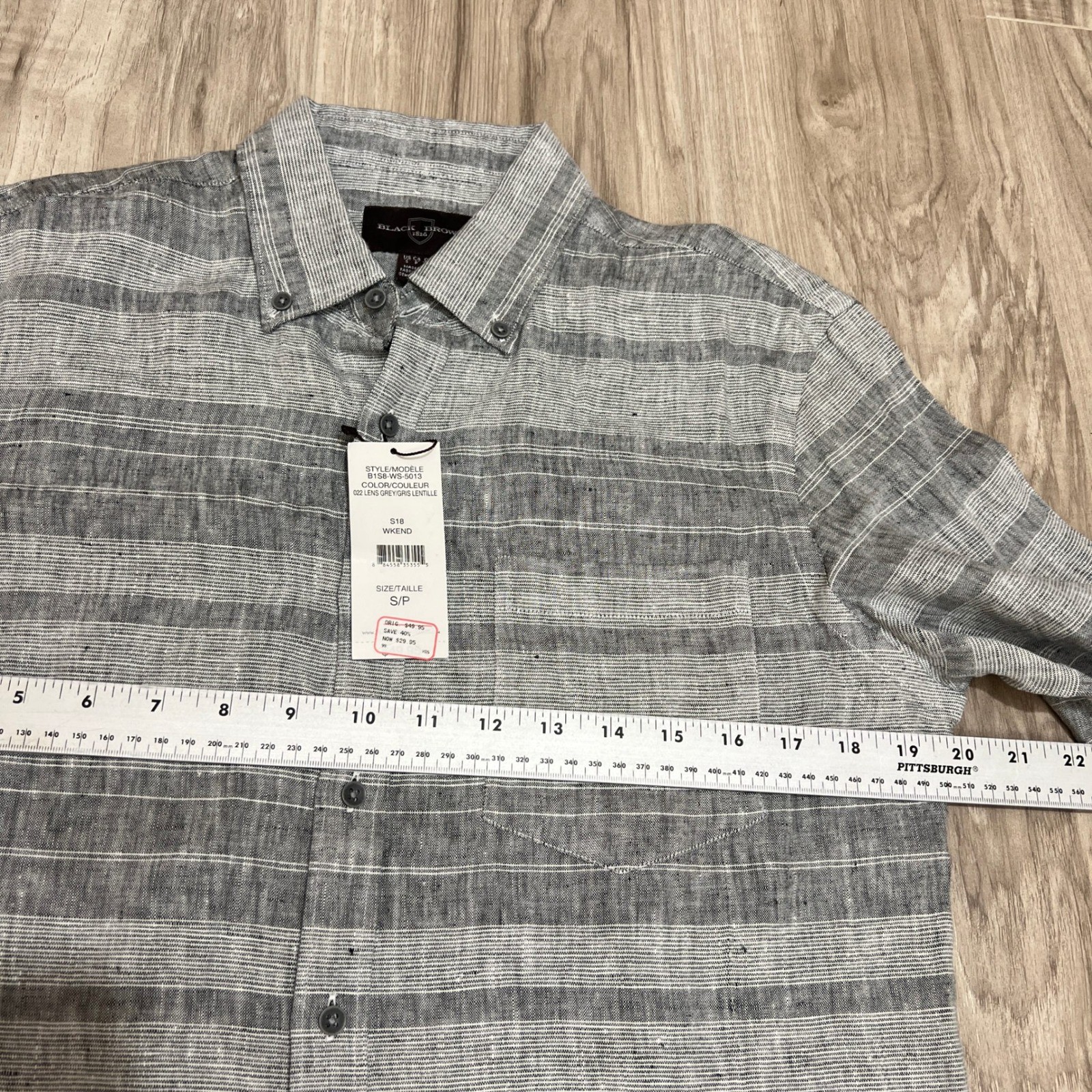Black Brown 1826 Mens Small NWT 100% Linen Long Sleeve Grey Stripe Shirt Beach