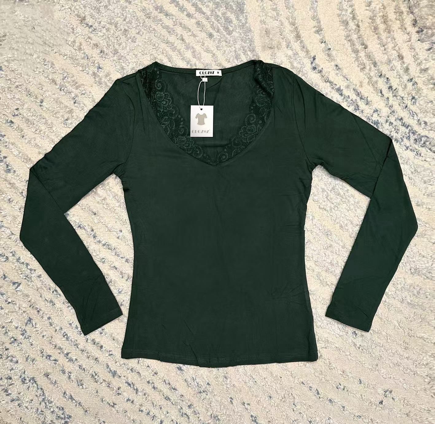 Women’s Blouse Long Sleeve V Neck Tunic Tops Slim Fitted Shirts Dark Green M
