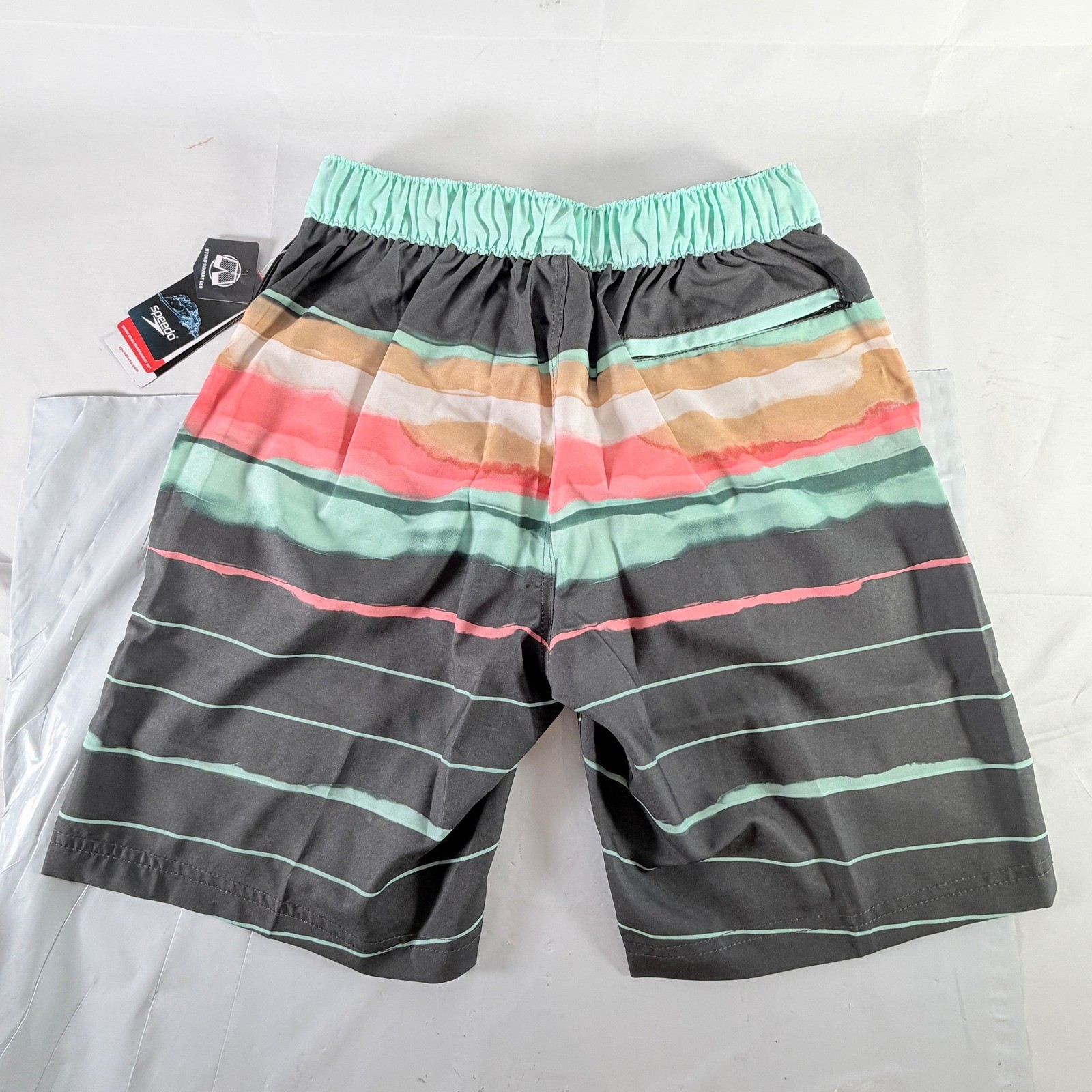 Speedo Eco Hydro Square Leg Swim Board Shorts Volcanic Ash Striped Small NWT