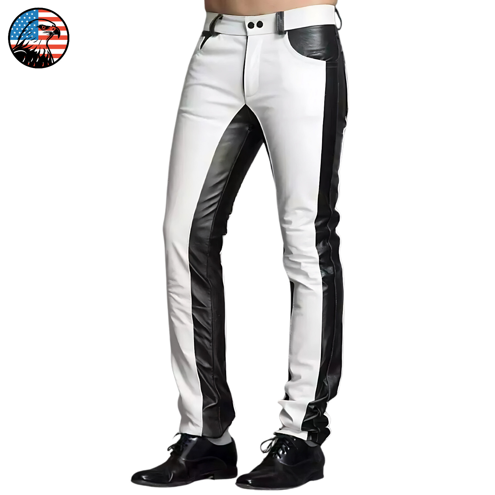 Men’s Real Leather Biker Jeans Pants 5 Pocket White & Black Motorcycle Trouser