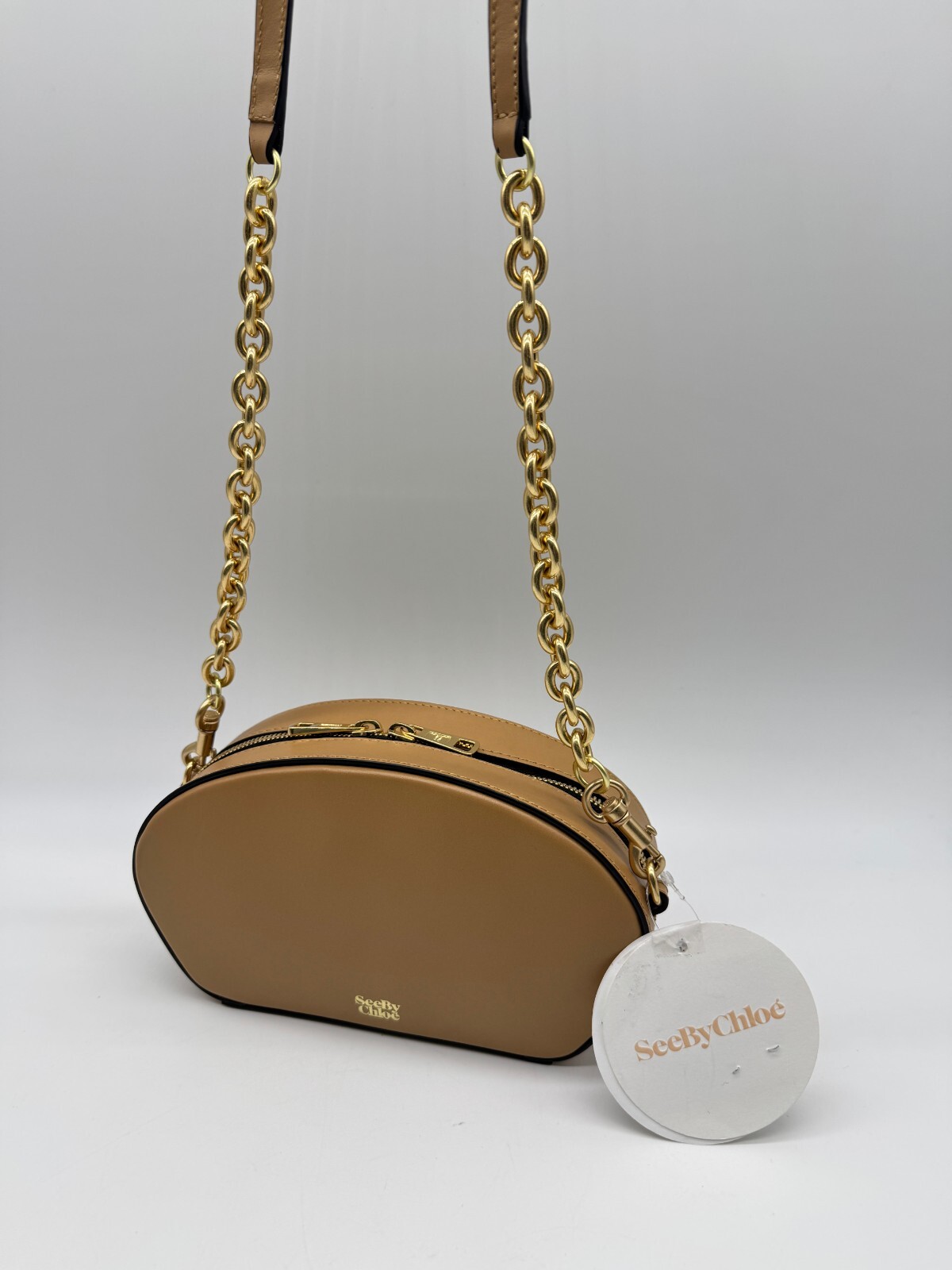 SEE BY CHLOE smooth leather shell chain strap women’s crossbody in Beige / Tan