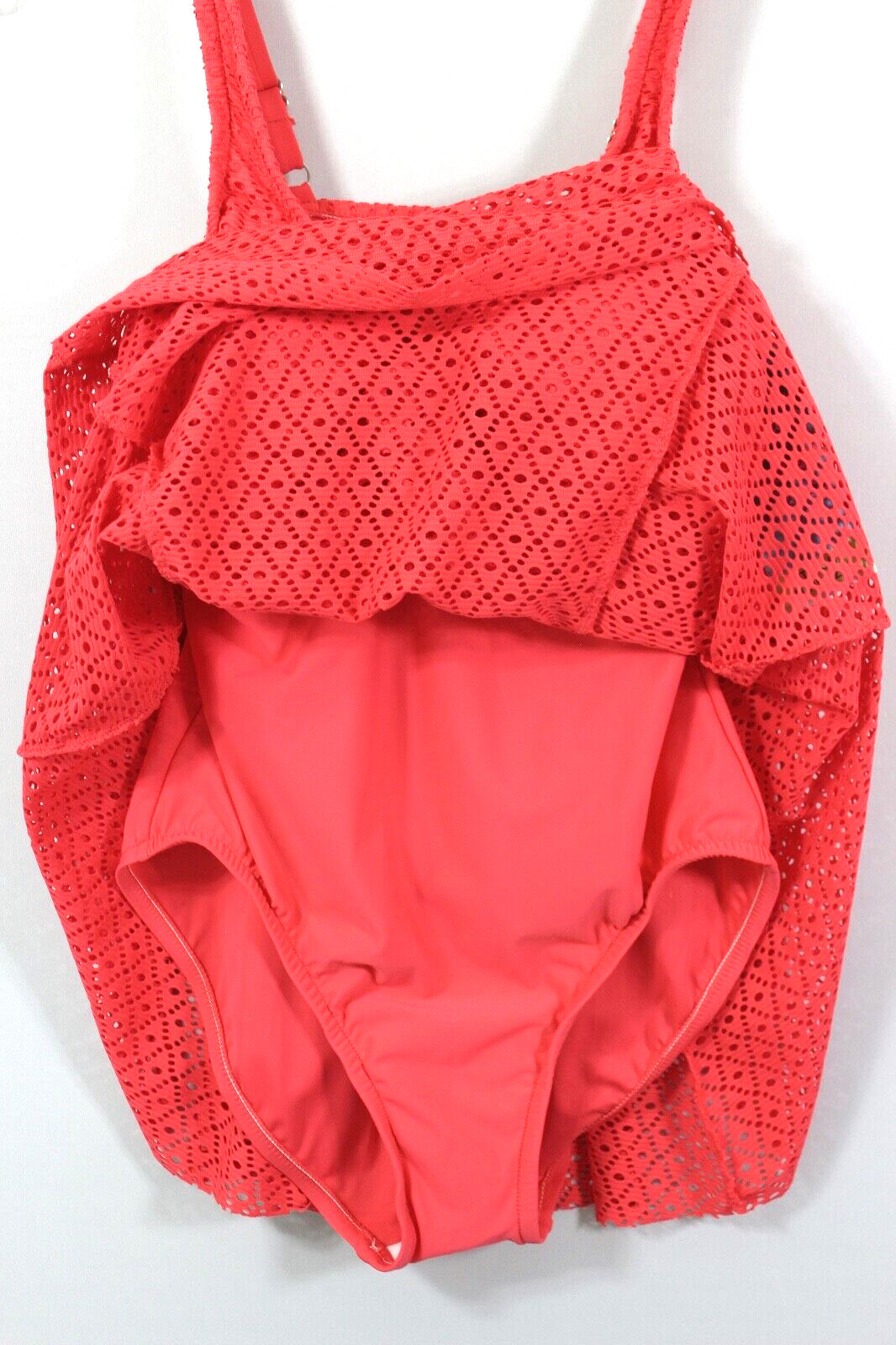 SWIM SOLUTIONS Crochet Bow Front One Piece Swimdress TC Size 10 Coral Retail$109