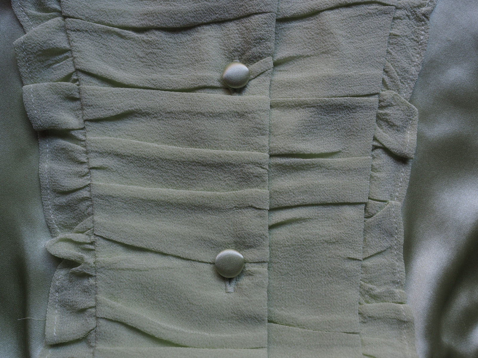 Simply Chloe Dao 100% Silk Satin Blouse Ruched Chiffon Ruffle Chartreuse XS
