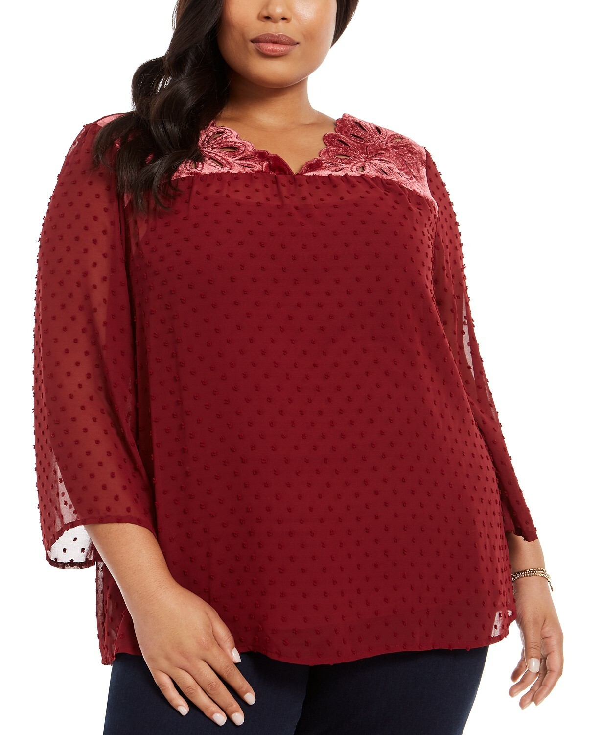 Style & Co Women’s Plus Size Swiss Dot Velvet Yoke Top Red