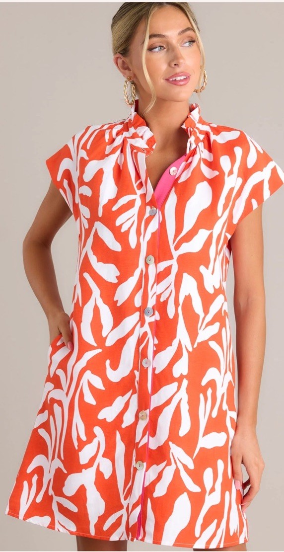 THML LIFE’S COMPASS RED ORANGE ABSTRACT FLORAL BUTTON FRONT MINI DRESS SZ L