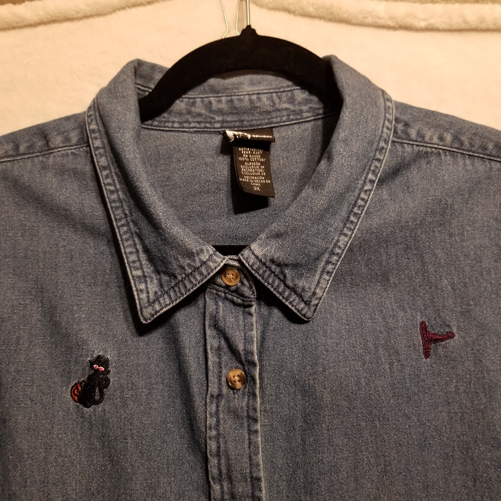 Holiday Editions 3X Shirt Halloween Denim Button Pumpkin Black Cat Star Moon