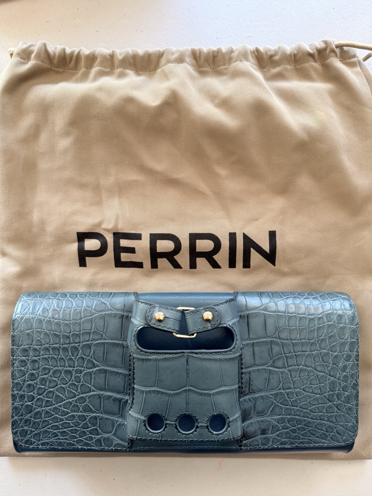 Perrin Paris Box Clutch Teal Croc Embossed Leather CAB5BOXCROG $3950 Retail