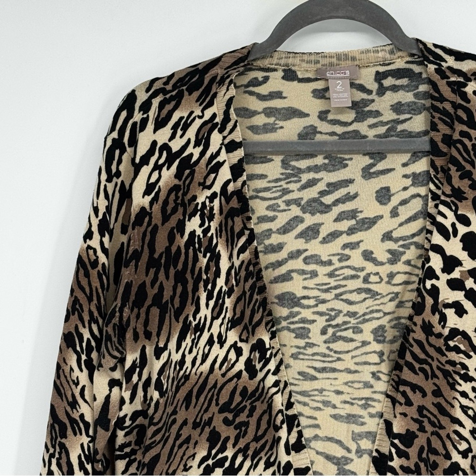 Chico’s Size 2 (Reg 12) Black/Tan Cotton/Nylon/Span Animal Print Open Cardigan