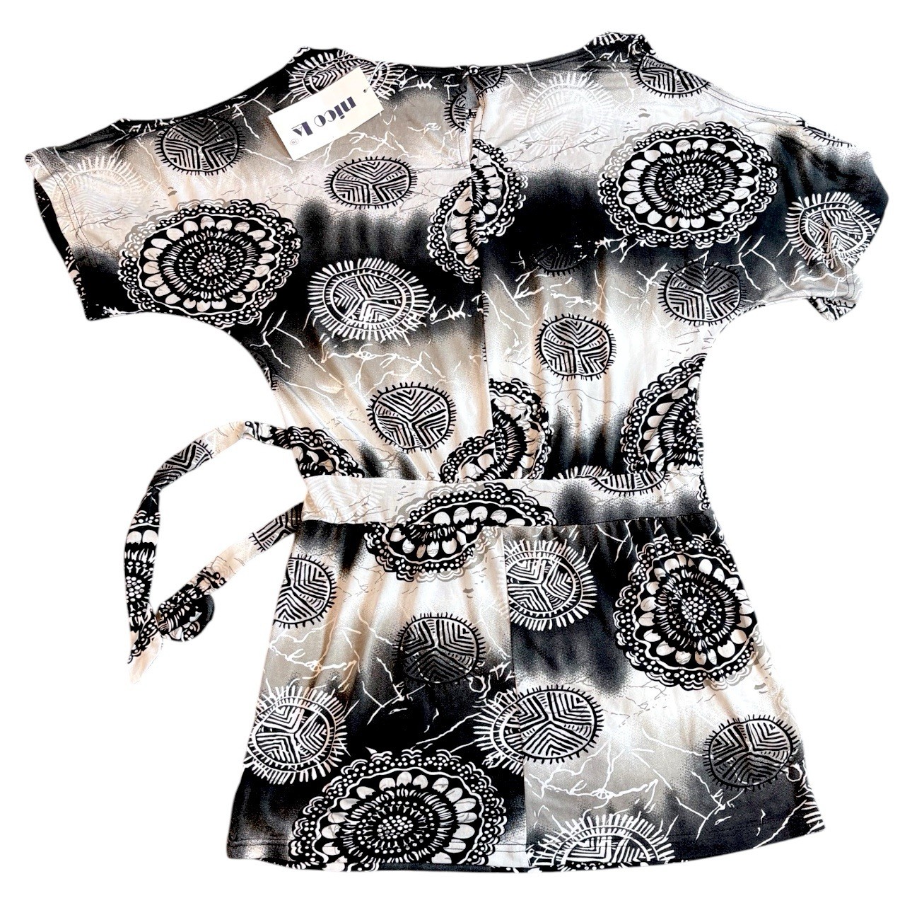 Nico LA Womens Dolman Batwing Top Size 8 Black White Boho Mandala Tie Waist NWT