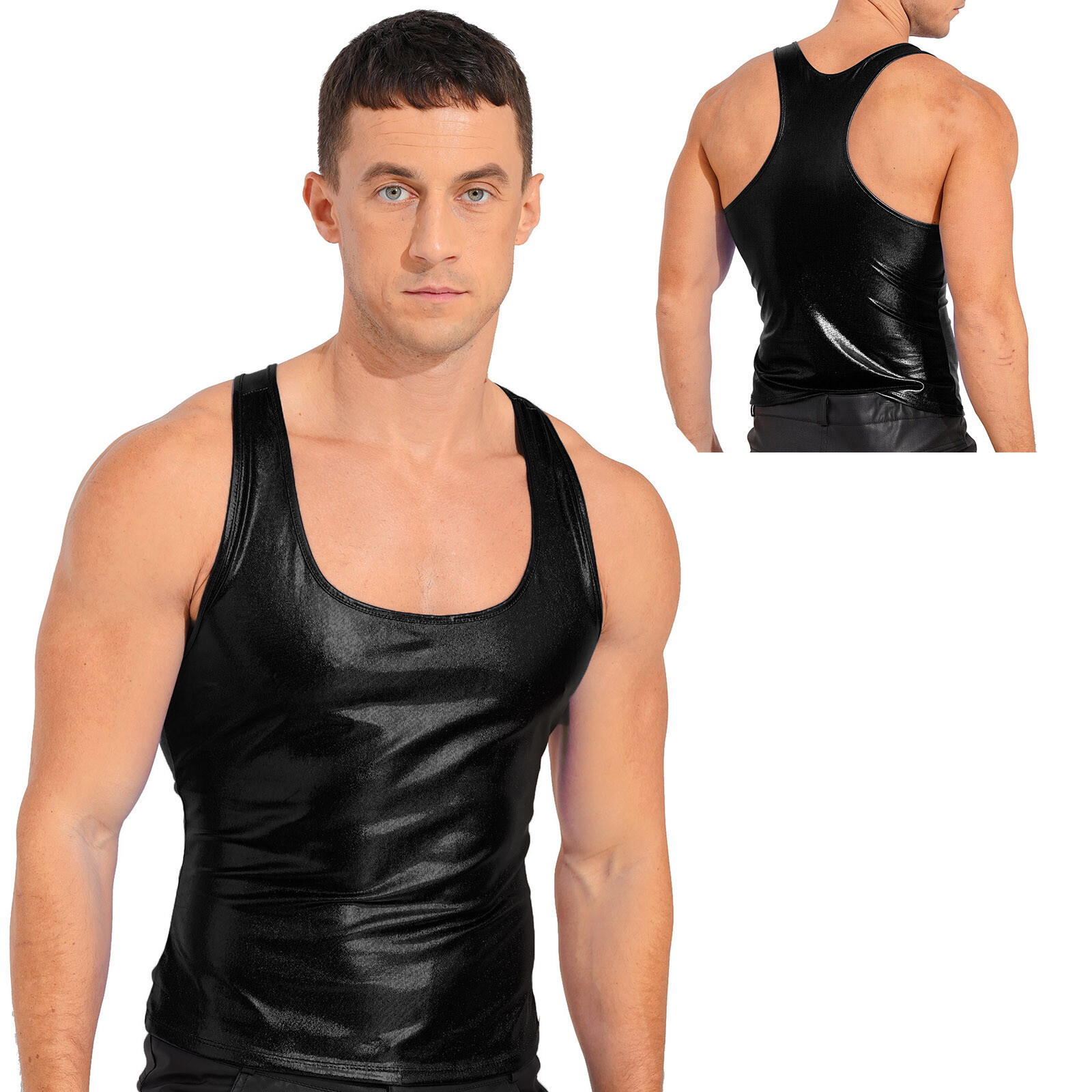 US Men’s Shiny Slim Fit Tank Top Deep U Neck Racerback Vest Camisole Club Blouse