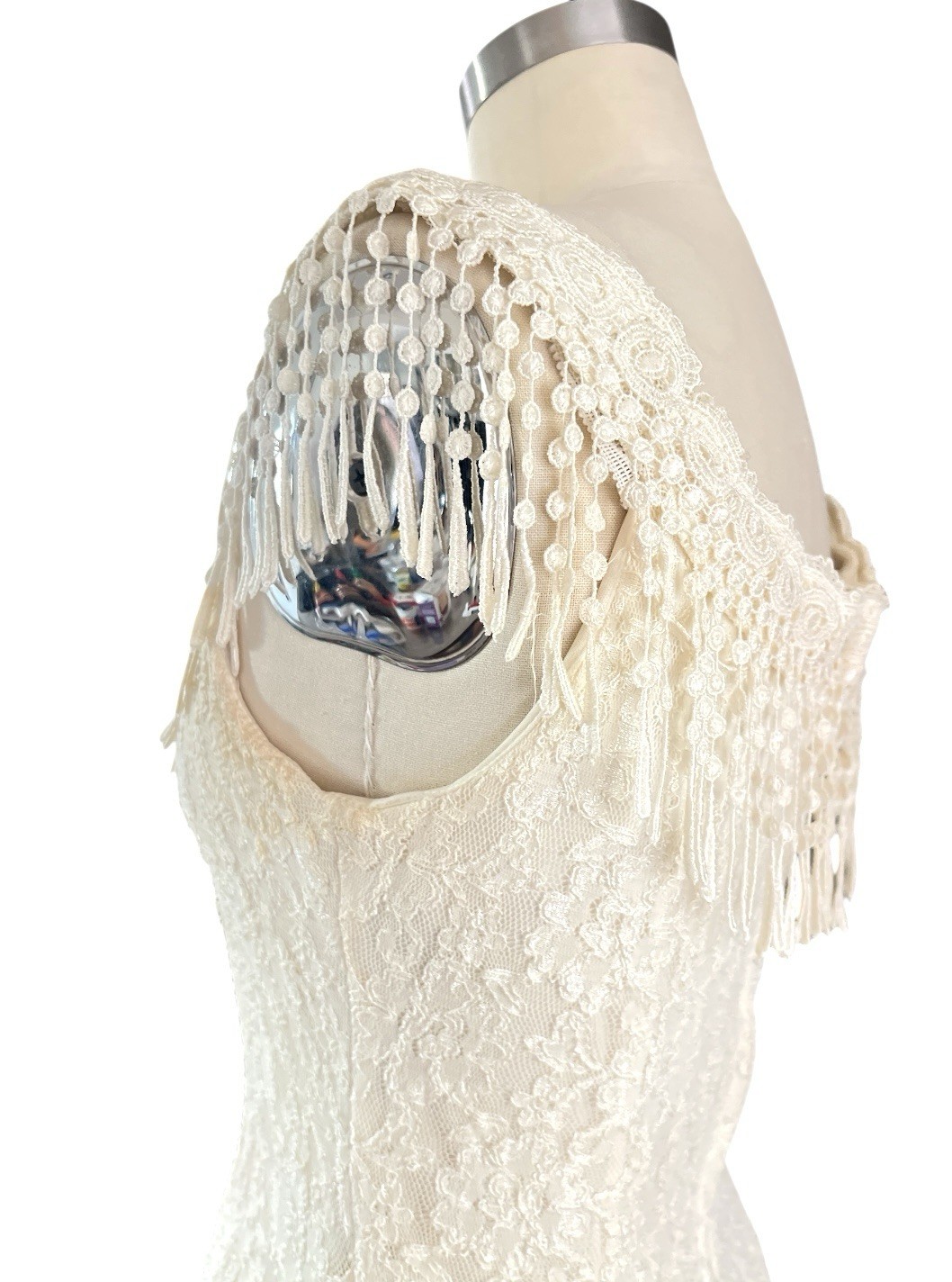 Y2K 90s Lace Midi Dress Sheer Pleated Pearl Beaded Fringe Cottagecore Bridal