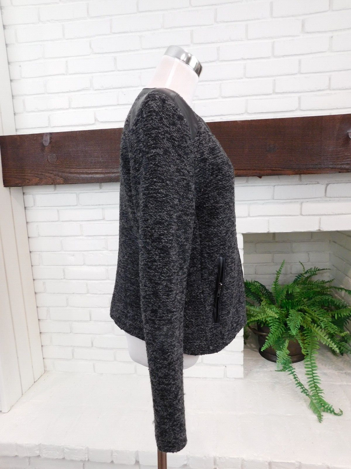 MOTO STYLE TWEED JACKET WOOL WINTER 548 SAKS FITH AVE BRAND Sz M FAUX LEATHER