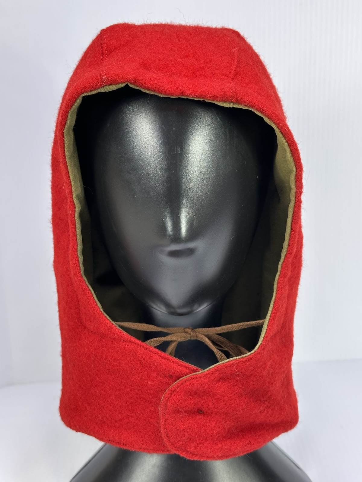 Vintage Button On Winter Hood With Drawstring Tie Green Red Fiber Lining