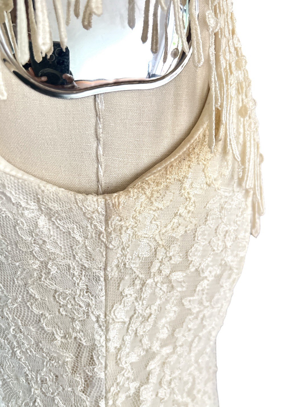 Y2K 90s Lace Midi Dress Sheer Pleated Pearl Beaded Fringe Cottagecore Bridal
