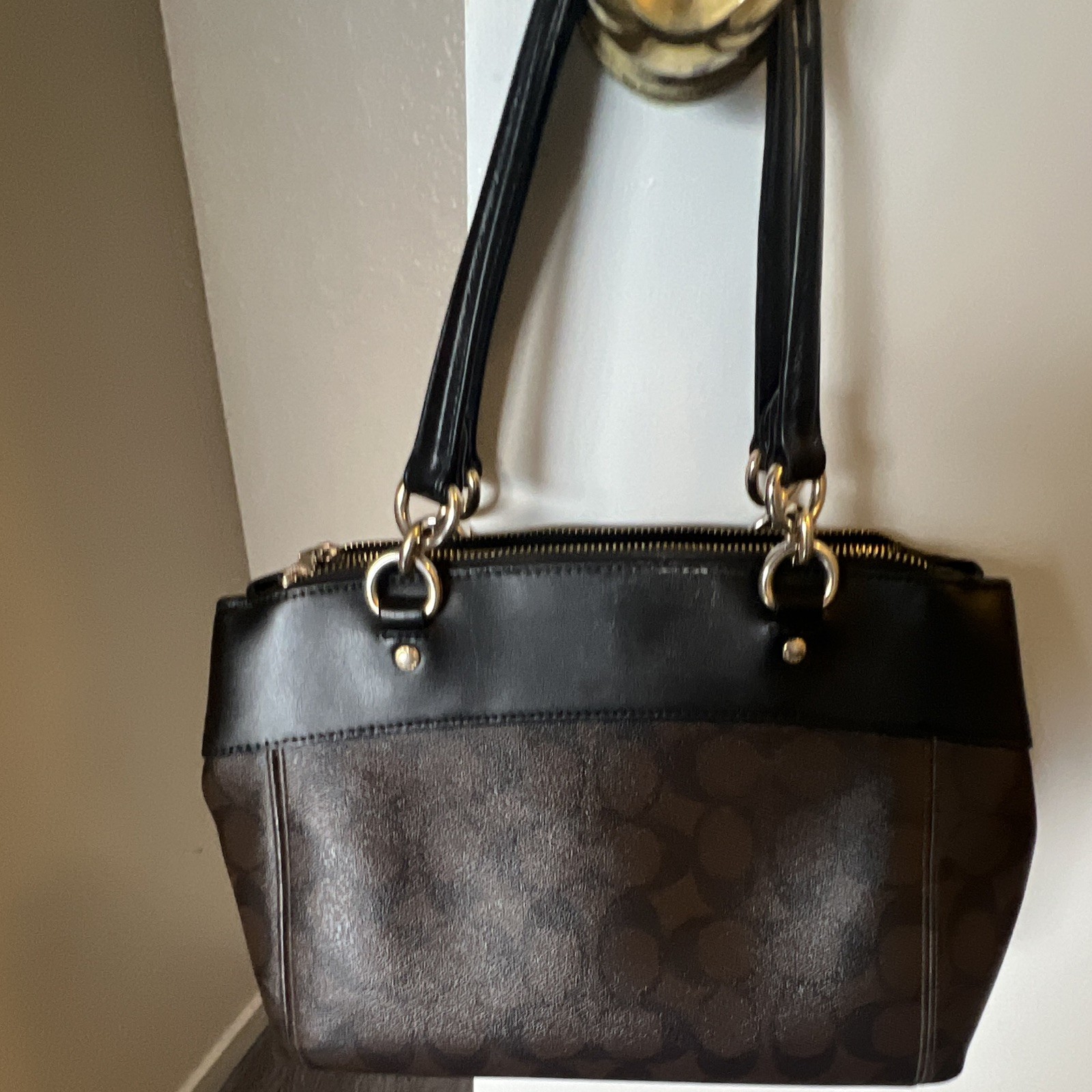 Coach Signature Logo Satchel Top Handle Zip Bag Brown Black Gold Hardware
