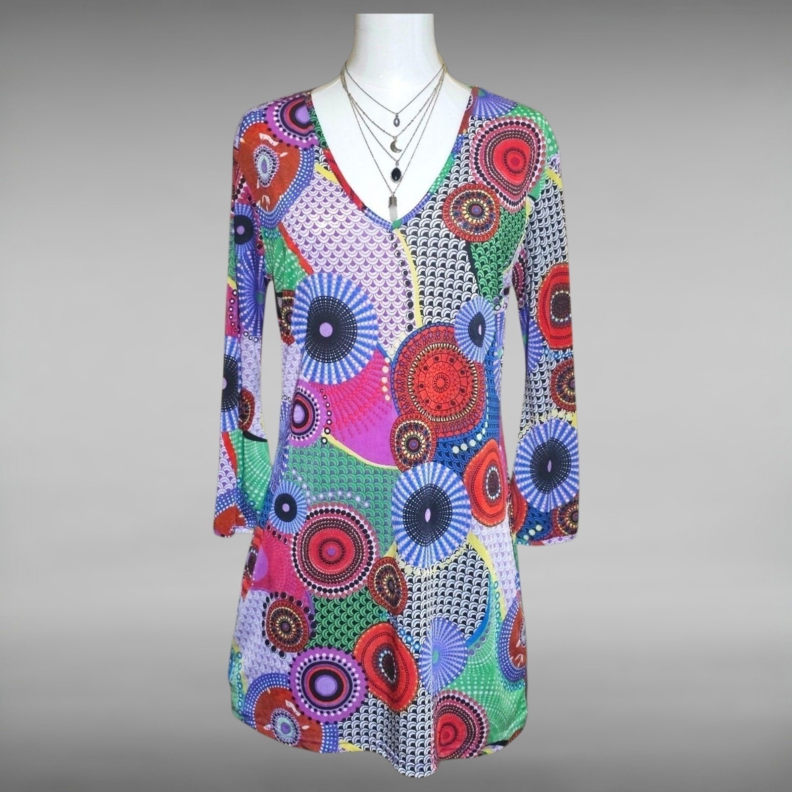 Psychedelic Retro Geometric Shift Mini Dress Long Sleeve Artsy Boho Womens M