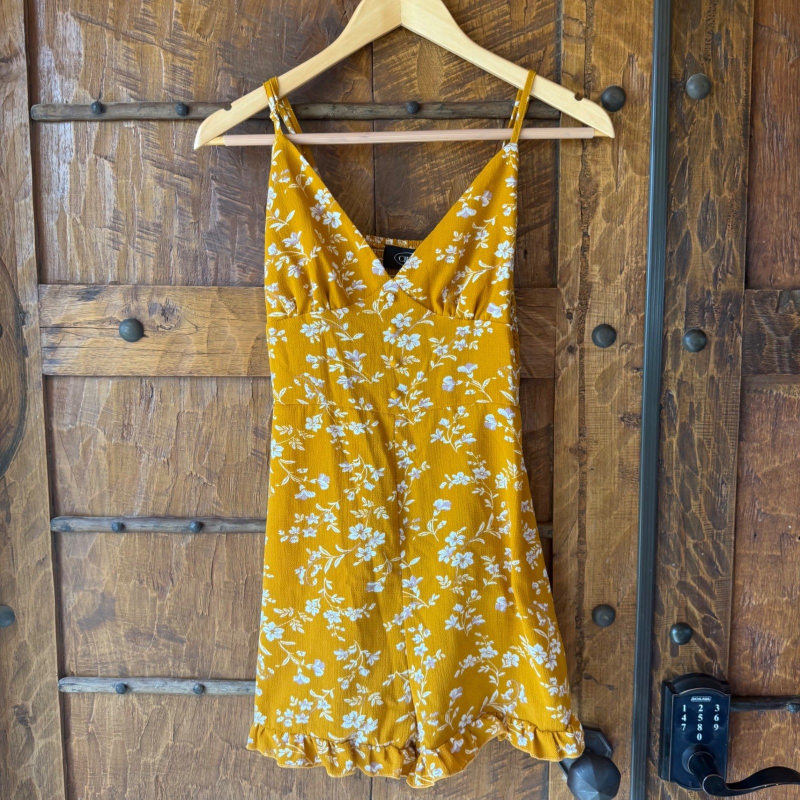 Cider Mustard Yellow Floral Romper V-Neck Smocked Back Ruffle Hem Buttons Small