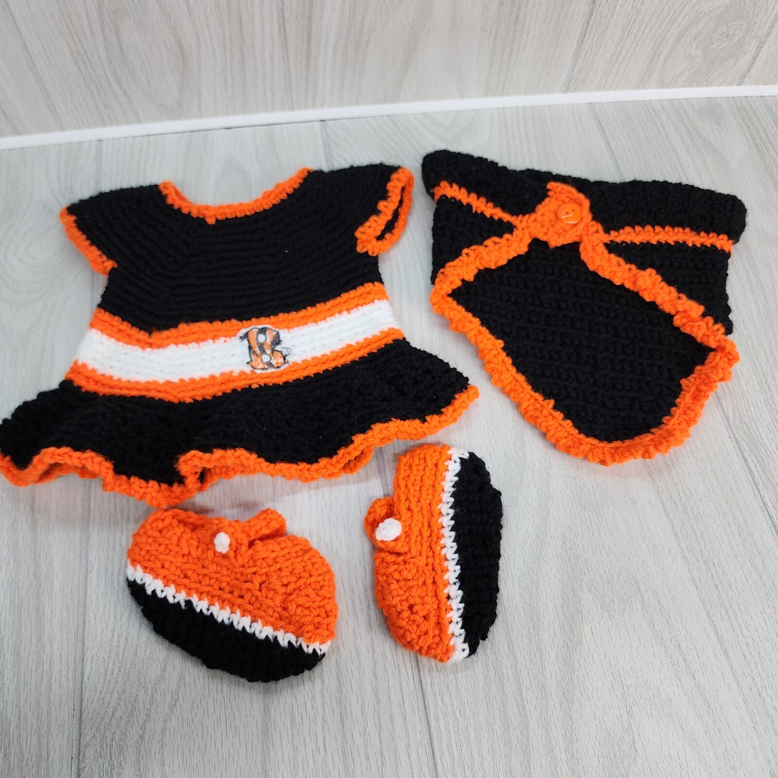 Bengals NFL Crochet Dress Scarf Wrap Shoes Black Orange Girl Baby Doll Homemade