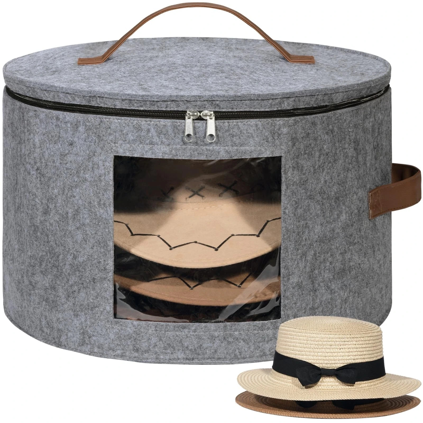 Lifewit Round Cowboy Hat Box for 7 Caps, Large Felt 16.54×16.54×10.63IN, Gray