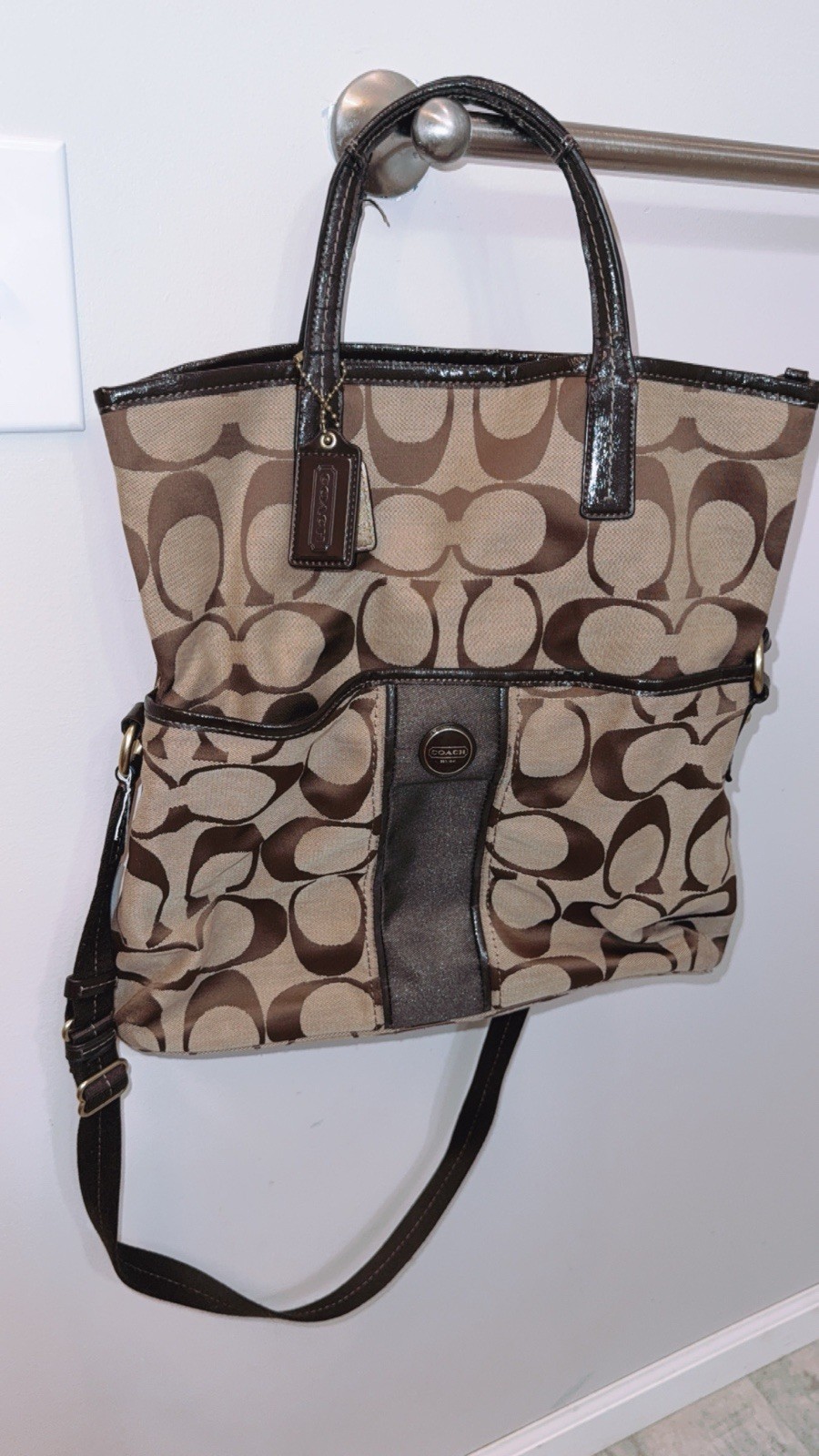Coach Signature Stripe Foldover Tote F23304 Brown Monogram Canvas Leather Purse