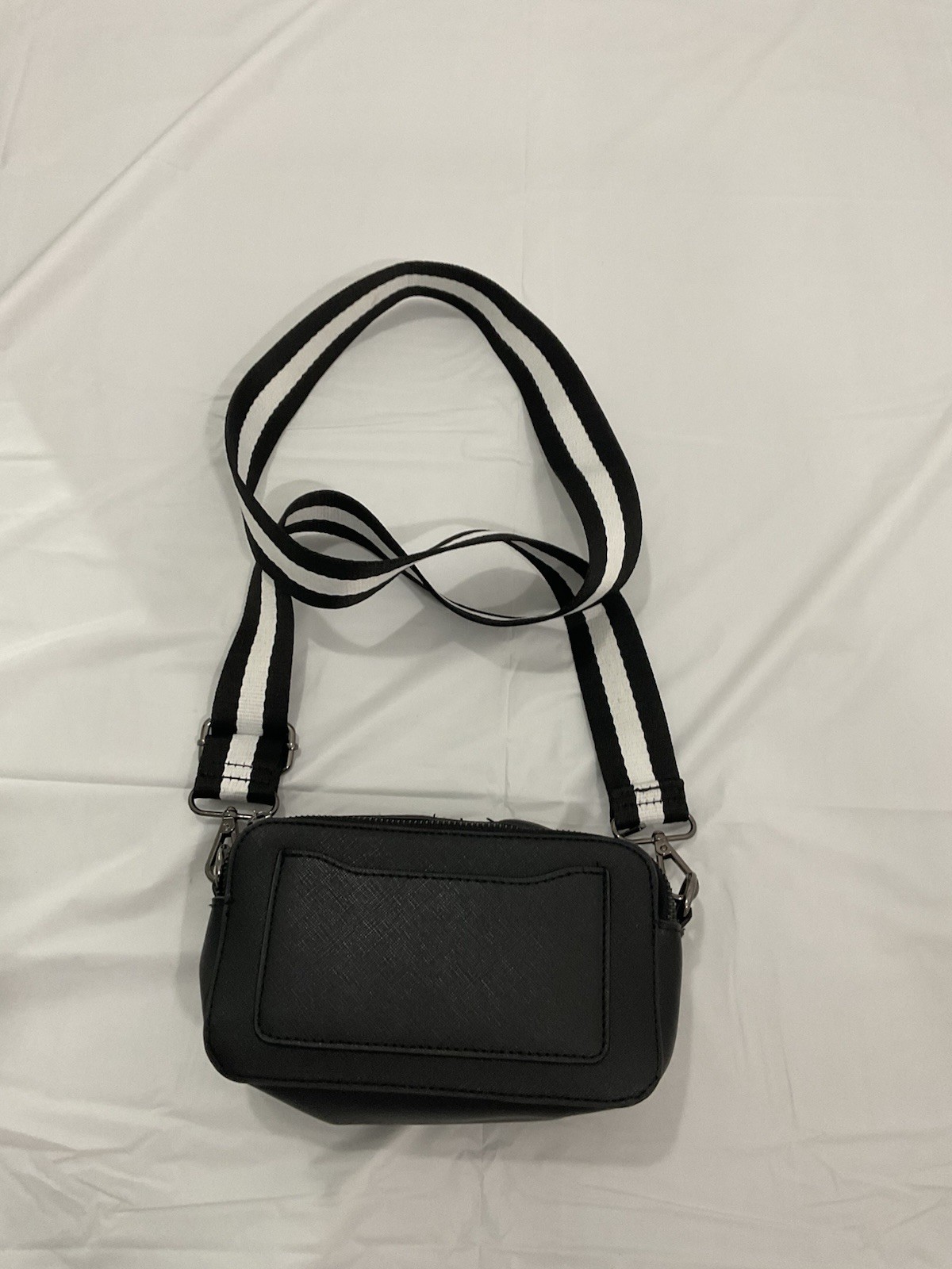 Black Crossbody Bag Silver Hardware Zipper Accent Striped Strap for Women