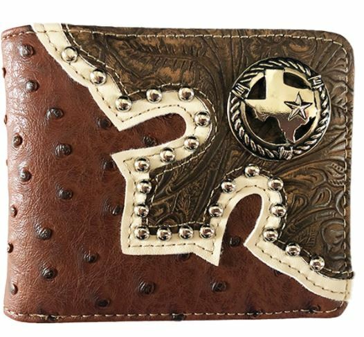 Texas State Mens Wallet Western Bifold Style W041-32 Ostrich Brown
