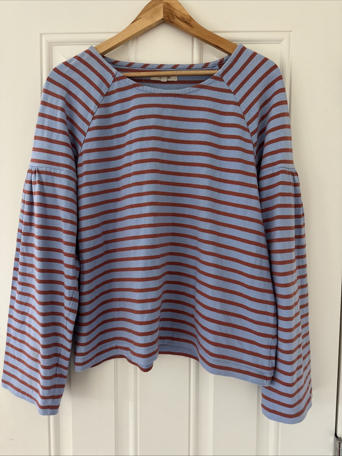 Madewell Shirred Bell Sleeve M Sailor Blue Red Striped Pullover Coastal Preppy