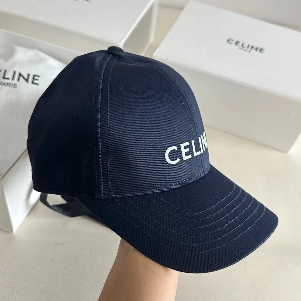 CELINE Navy Blue Cotton Baseball Cap White Logo Unisex Adjustable Luxury Hat