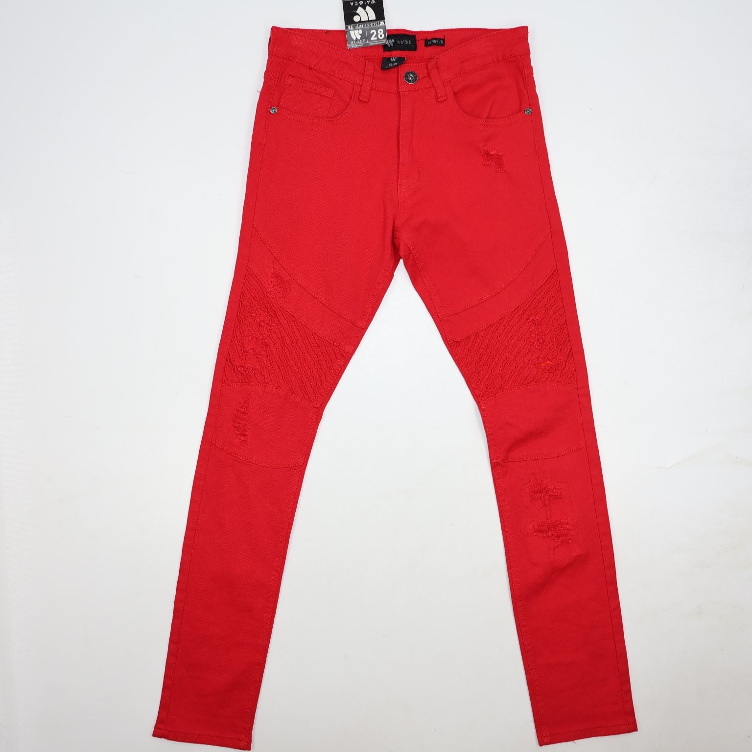 Waimea Men’s Red Skinny Fit Biker Jeans Size 28×32 Distressed Moto Denim