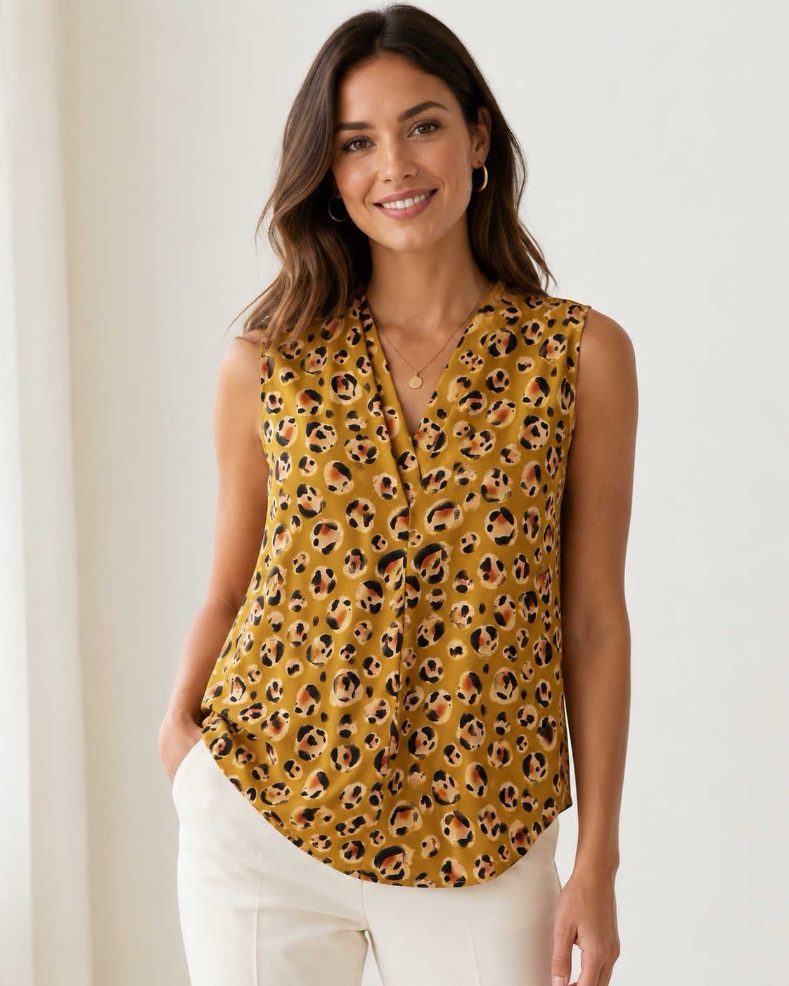 CAbi Yellow Animal Print Leopard V-Neck Button-Front Sleeveless Blouse XS