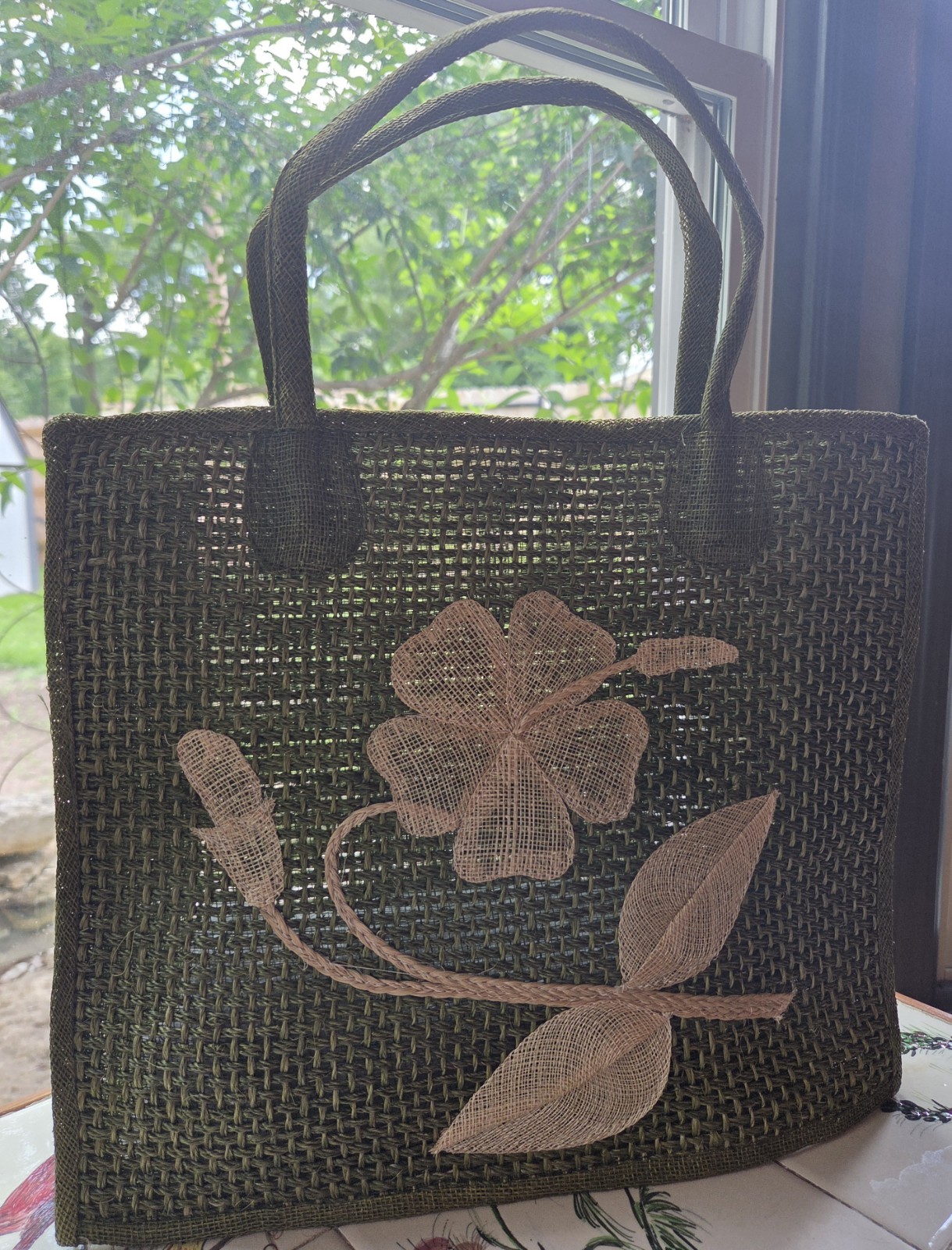 Vintage Handmade Philippine 100% Abaca Woven Floral Tote Bag Green
