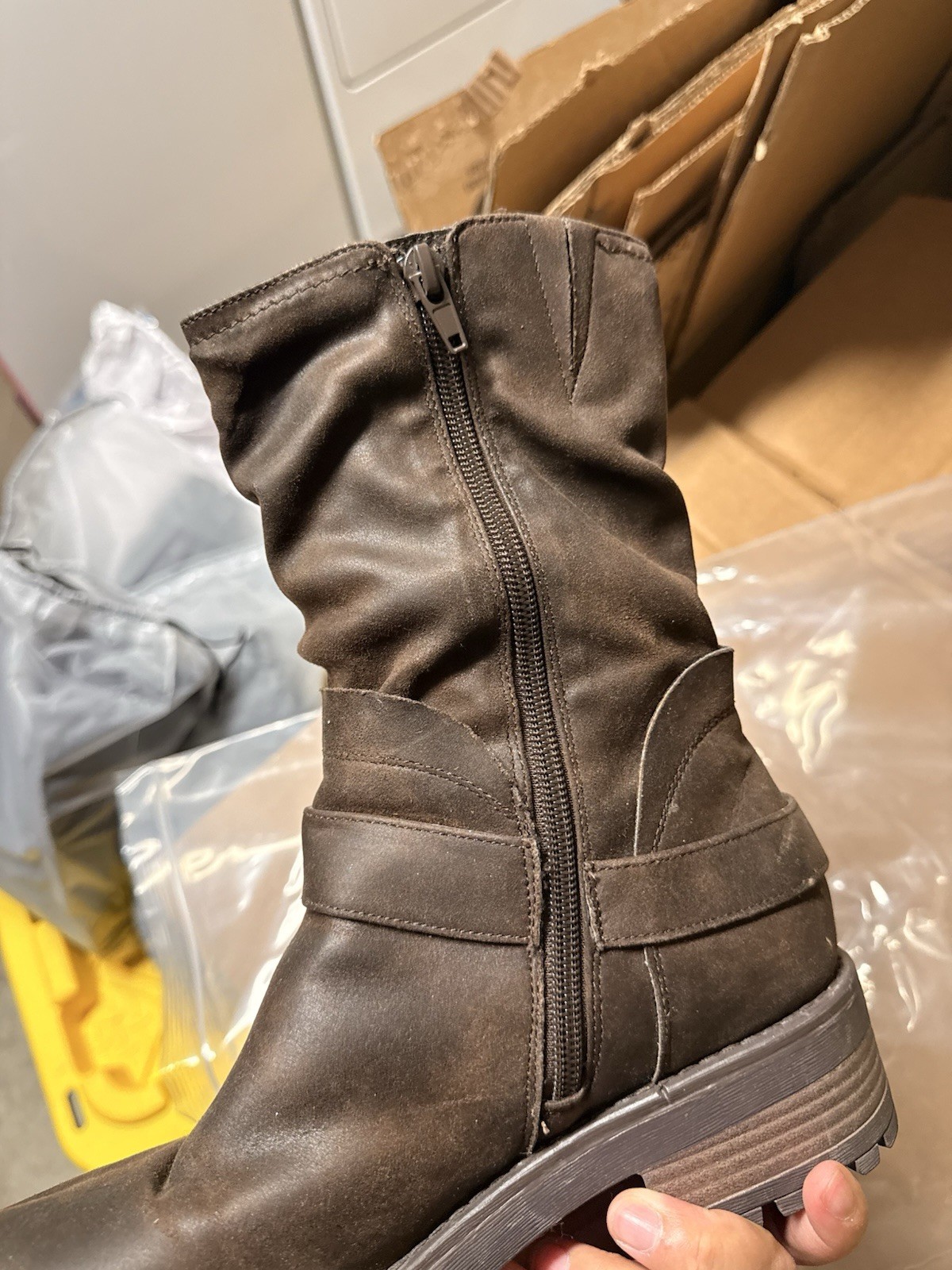 Fergie Women’s Brown Leather Mid-Calf Biker Boots Zip Buckle Round Toe 8