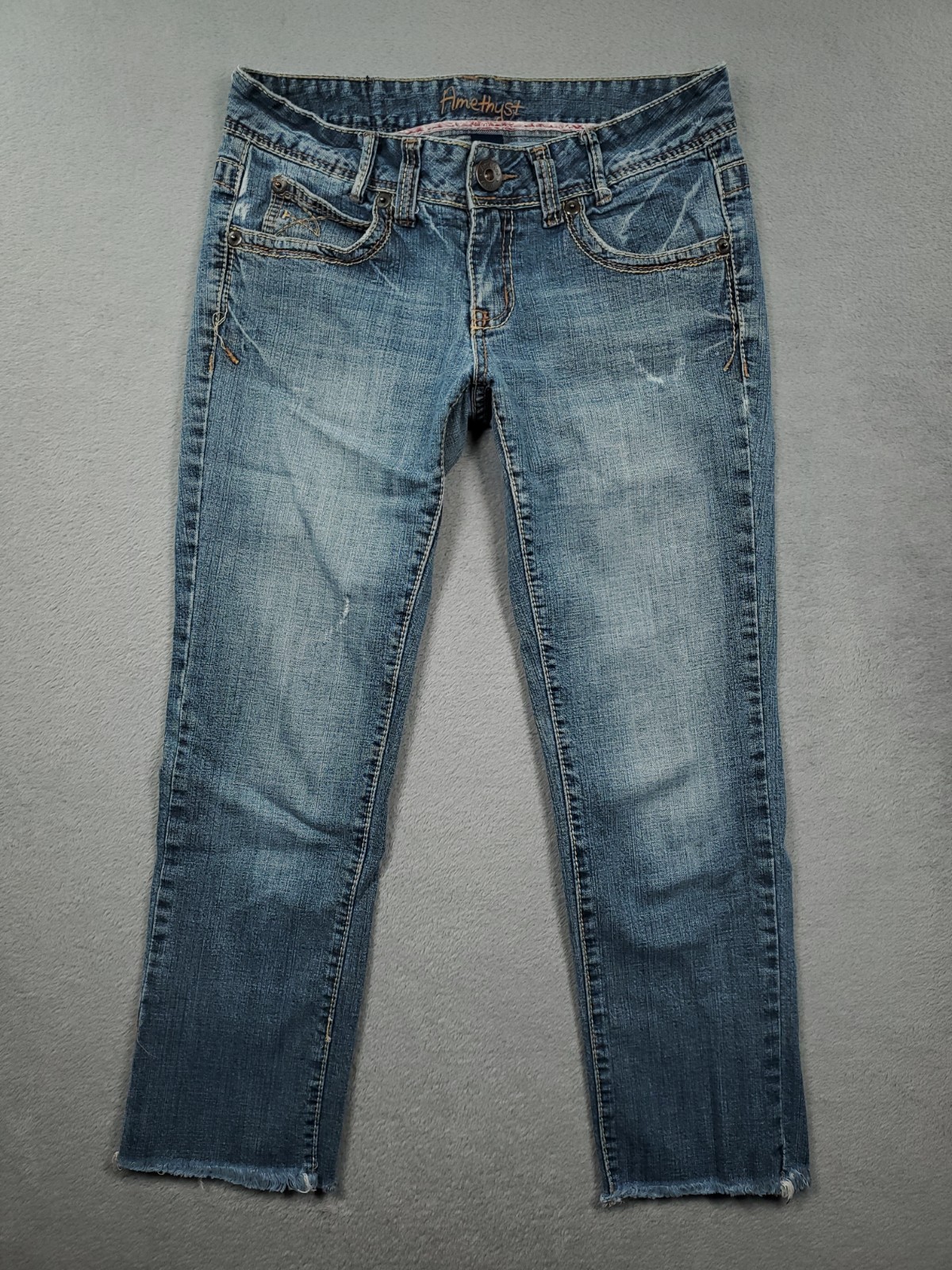 Amethyst Jeans Womens 7 Blue Crop Low Rise Stretch Flap Pockets Ripped Denim