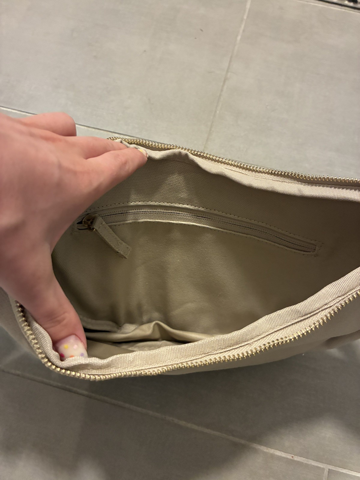July Everyday Crossbody Bag Sand Beige Canvas Crescent Sling Bag Gold Hardware