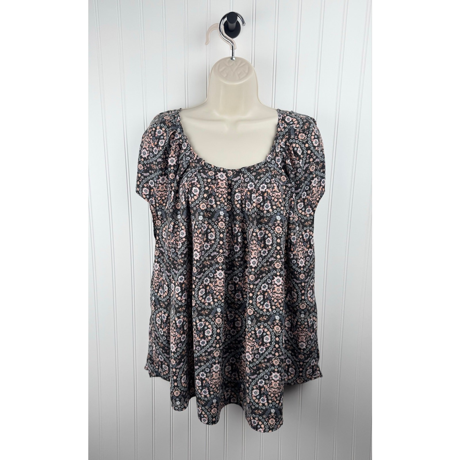 LC Lauren Conrad Floral Peasant Blouse 2X Puff Sleeve Tie Neck Plus Size