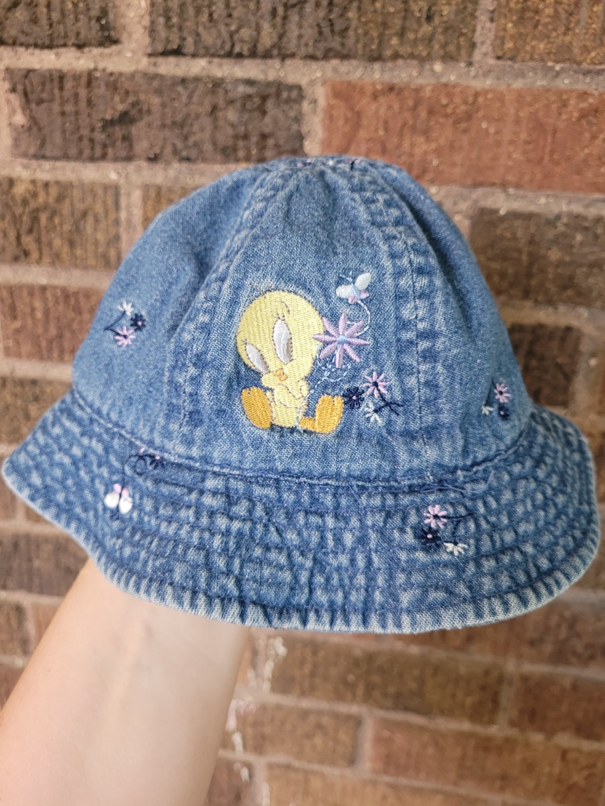 90s 1999 Tweety Bird Looney Tunes Denim Floral Baby Girl Hat Snap Closure 0-12mo