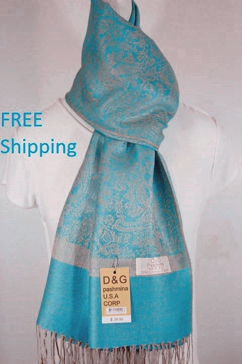 DG Women’s Pashmina Scarf Shawl Paisley Beige Turquoise Silk Cashmere