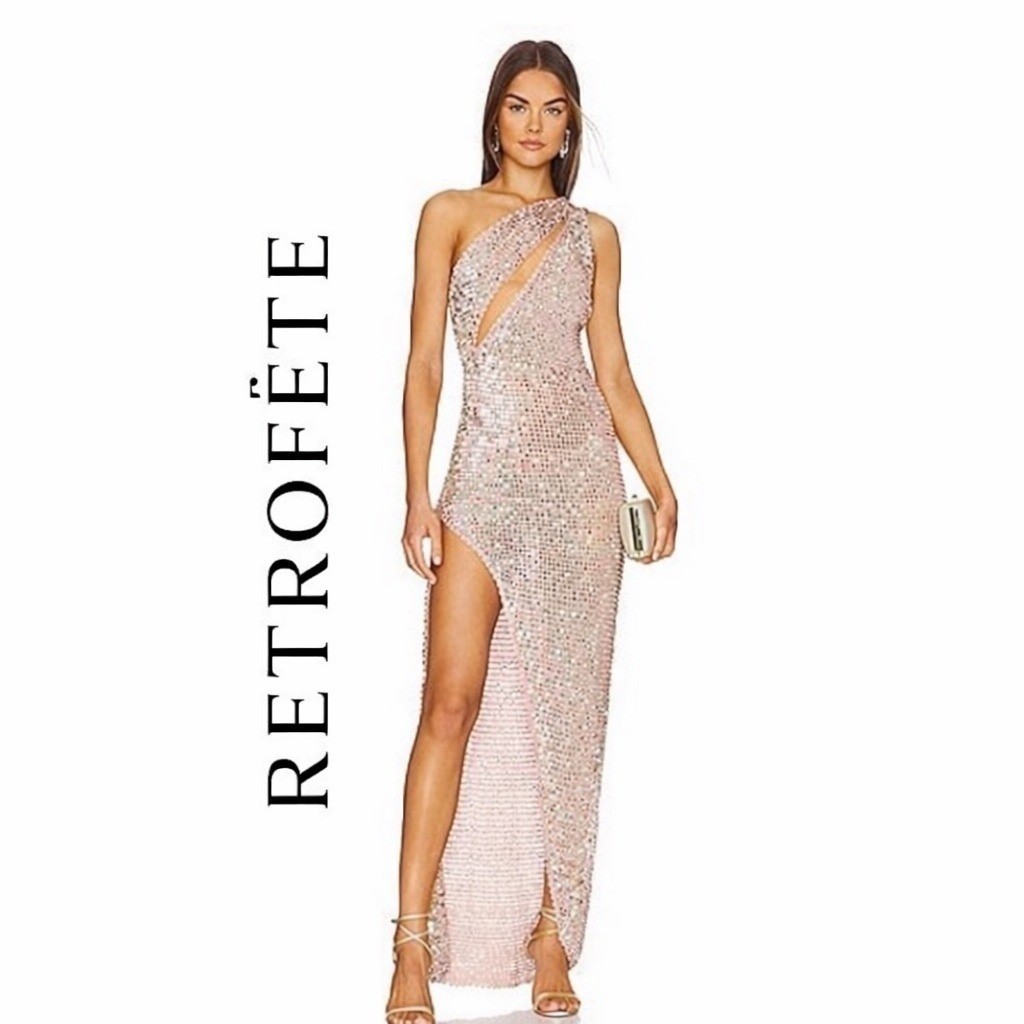 Retrofête Candice Rose Gold Sequin Gown M/L Resort Glam Vegas Bachelorette Dress