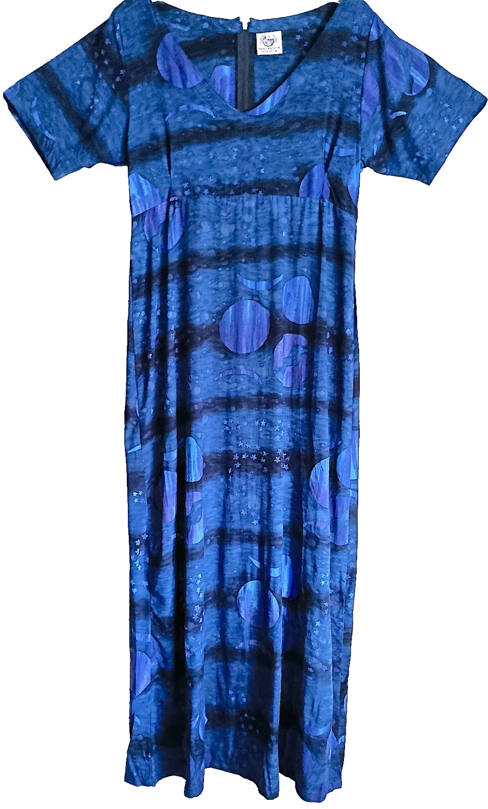 Dress or Fabric, Long, Zippered, Blue Moons Batik, Medium, Rayon, Hand Made, 50″