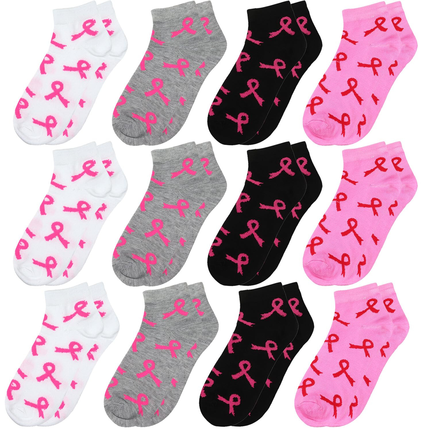 12 Pairs Assorted Color Pink Ribbon Breast Cancer Awareness Ankle Socks 9-11