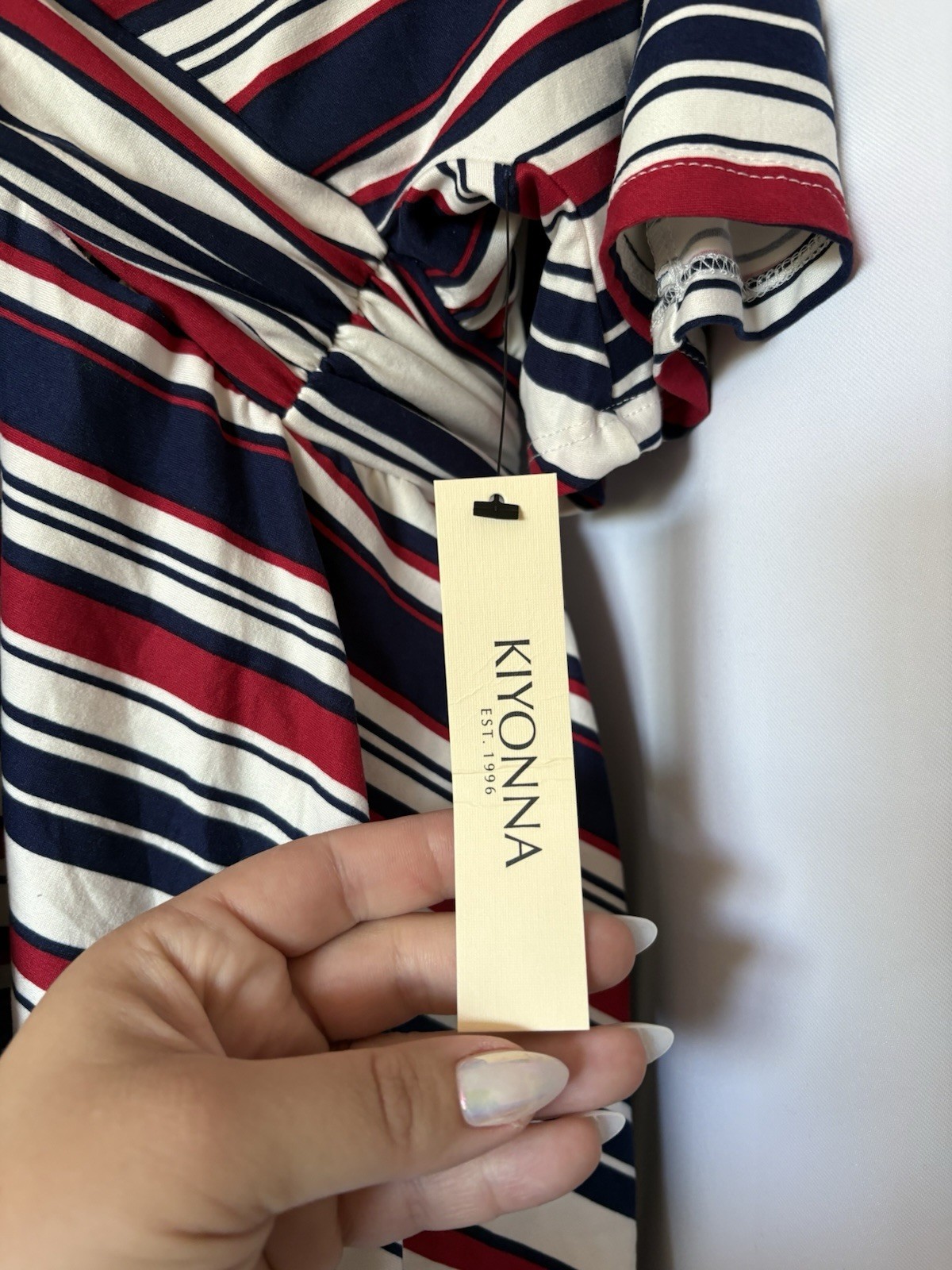 KIYONNA 1X Plus Belted Striped top V-Neck Red/White/Blue Poly Blend